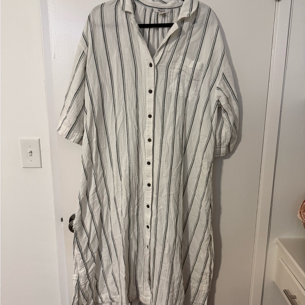 Madewell White and Navy Striped Button-Down Shirt Dress